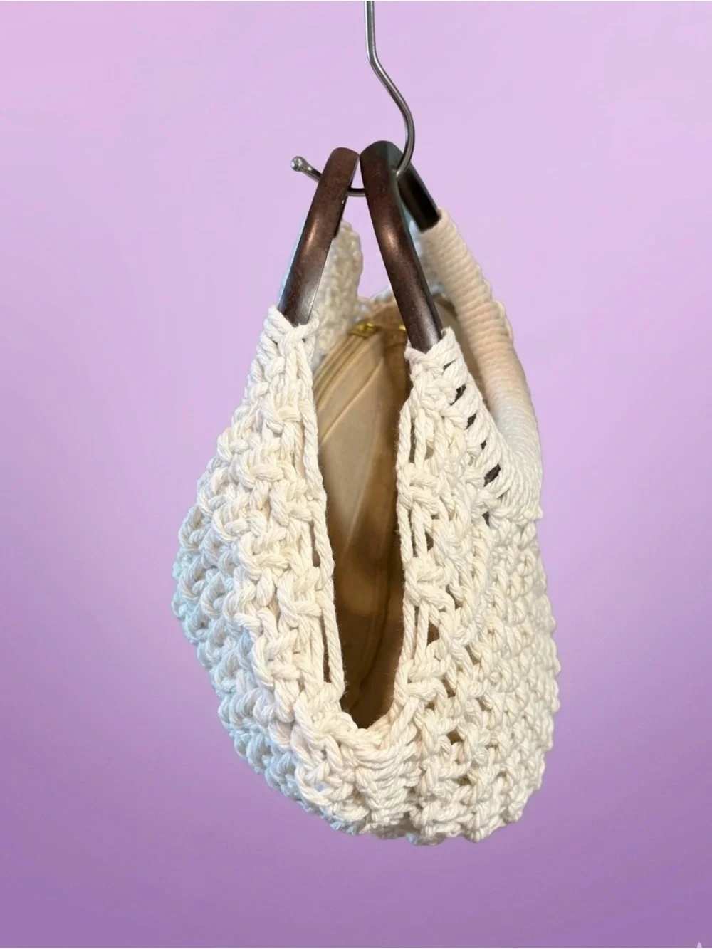 Handmade Macramé Tote with Dark Wood Handles & Organizer Insert - Picture 9 of 10